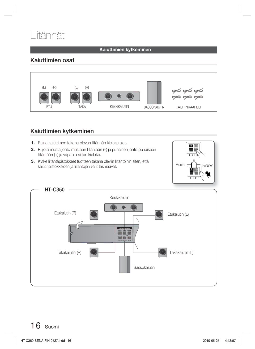 Samsung HT-C350/XEE manual Kaiuttimien osat, Kaiuttimien kytkeminen, Keskikaiutin Etukaiutin R, Bassokaiutin 