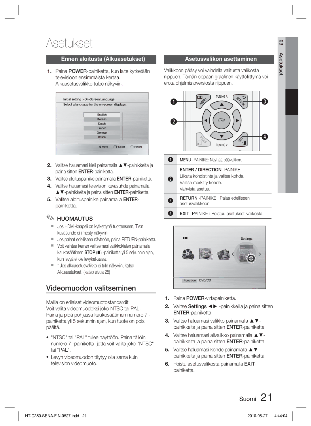 Samsung HT-C350/XEE manual Asetukset, Videomuodon valitseminen, Ennen aloitusta Alkuasetukset 