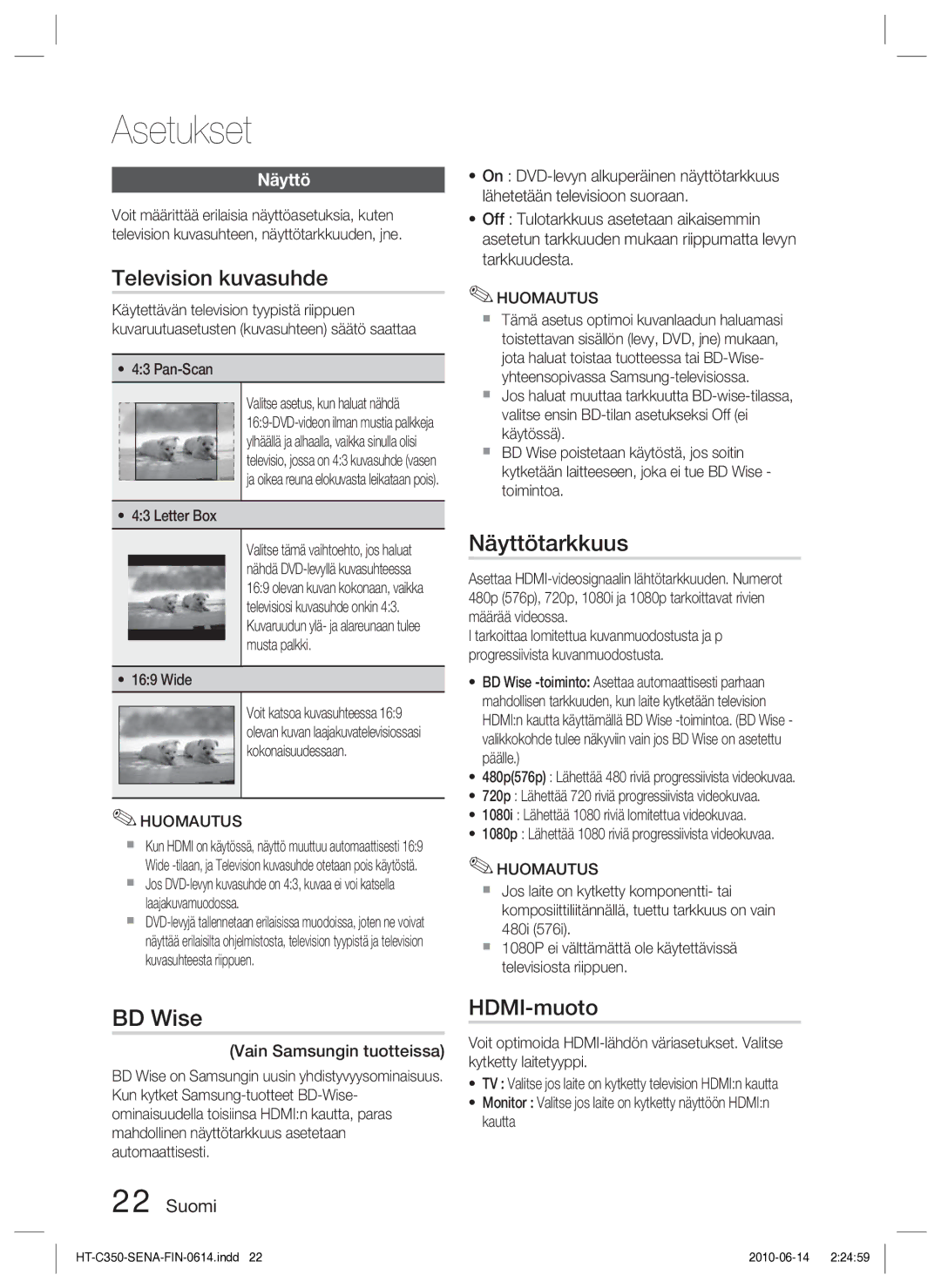 Samsung HT-C350/XEE manual Television kuvasuhde, Näyttötarkkuus, BD Wise, HDMI-muoto 