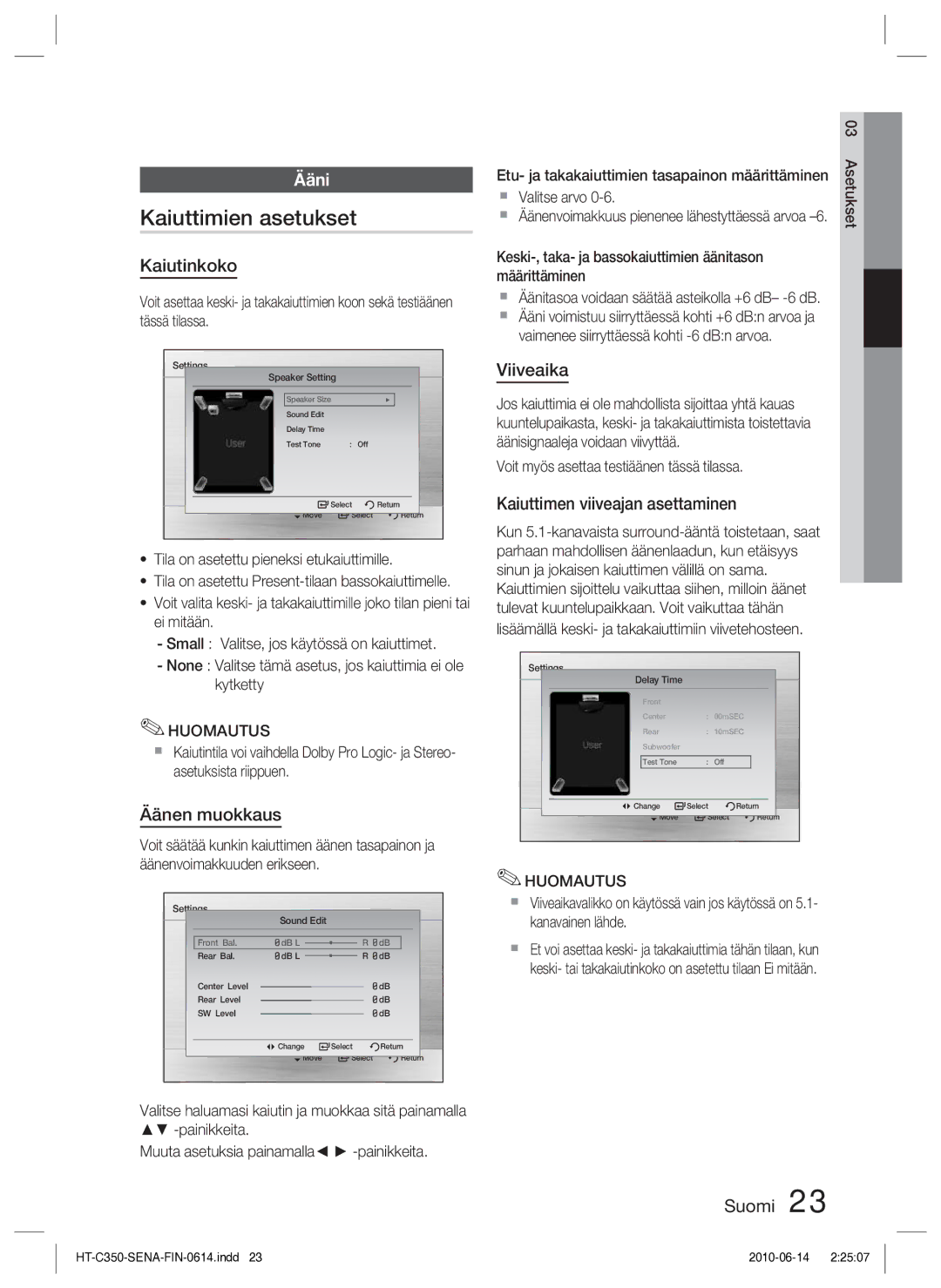 Samsung HT-C350/XEE manual Kaiuttimien asetukset, Ääni 