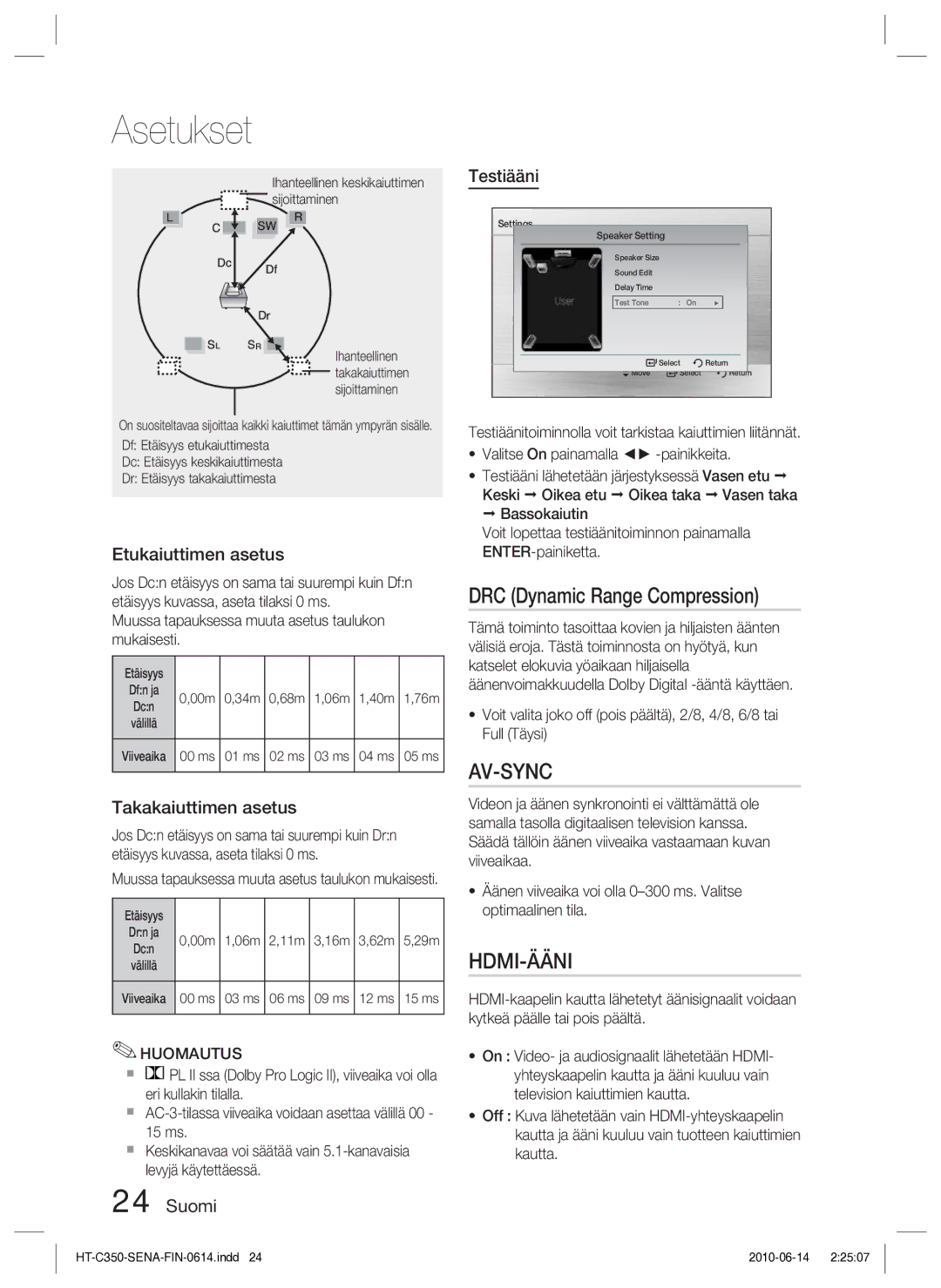 Samsung HT-C350/XEE manual DRC Dynamic Range Compression, Etukaiuttimen asetus, Takakaiuttimen asetus, Suomi Testiääni 