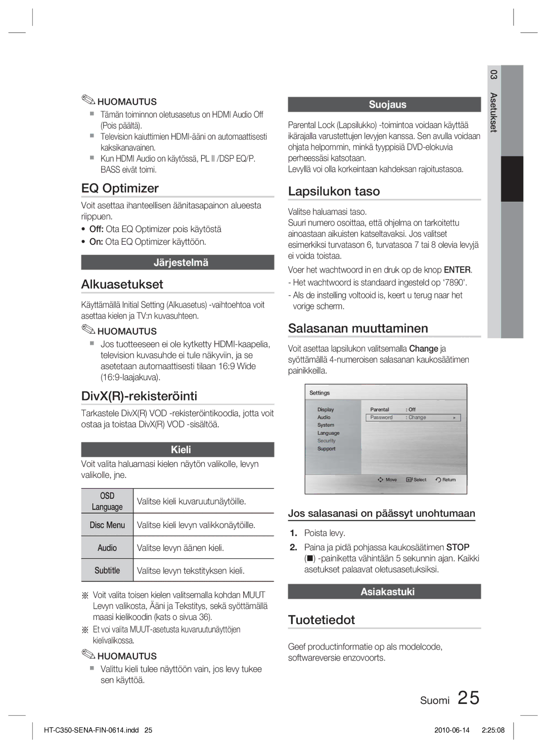 Samsung HT-C350/XEE EQ Optimizer, Alkuasetukset, DivXR-rekisteröinti, Lapsilukon taso, Salasanan muuttaminen, Tuotetiedot 