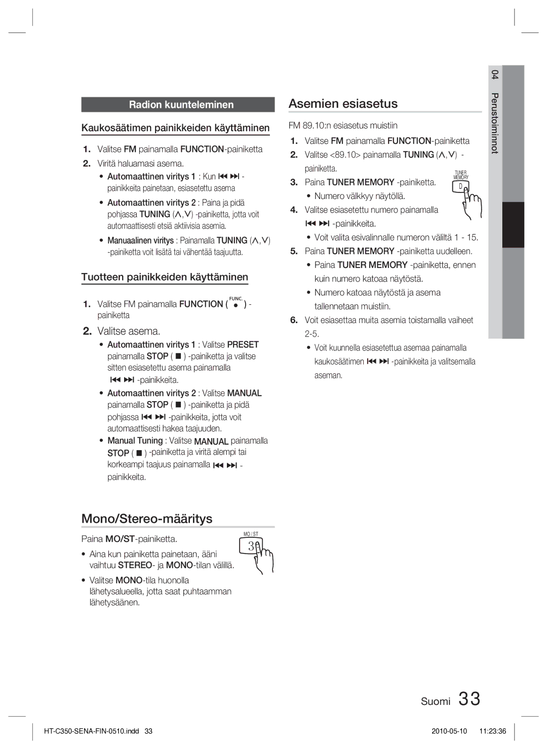 Samsung HT-C350/XEE manual Asemien esiasetus, Mono/Stereo-määritys, Valitse asema, Radion kuunteleminen 