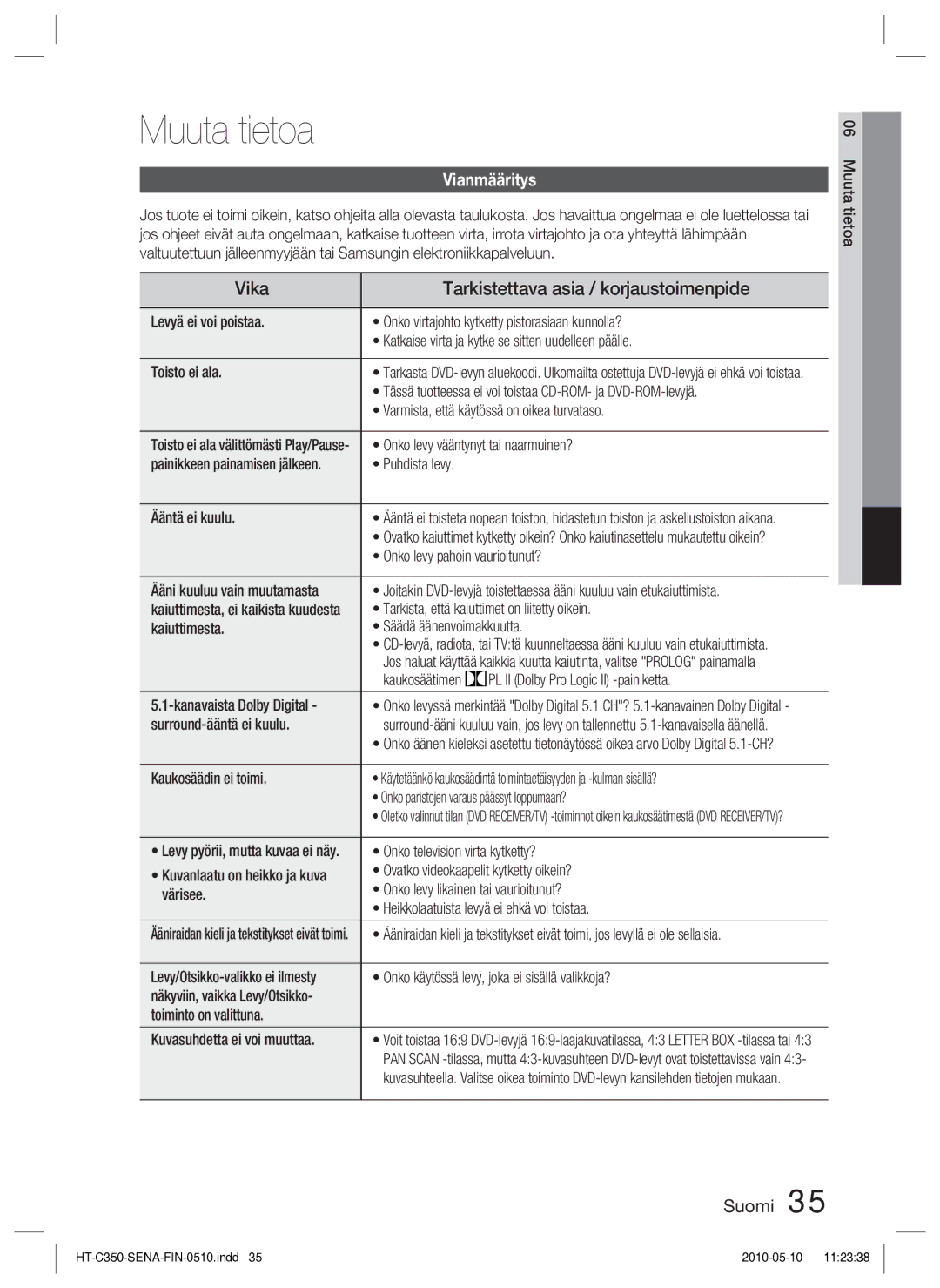 Samsung HT-C350/XEE manual Muuta tietoa, Vika Tarkistettava asia / korjaustoimenpide, Vianmääritys 