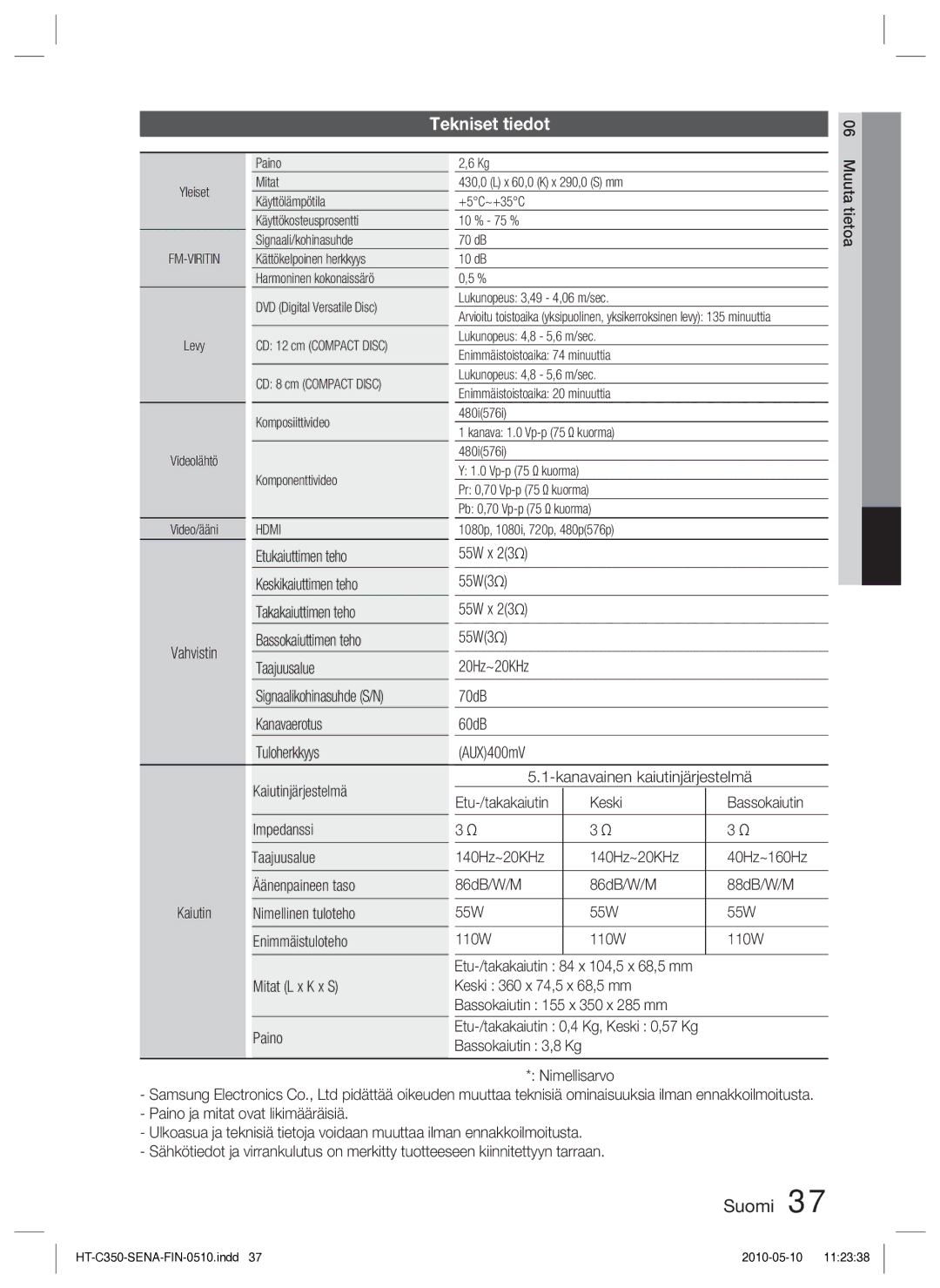 Samsung HT-C350/XEE manual Tekniset tiedot 