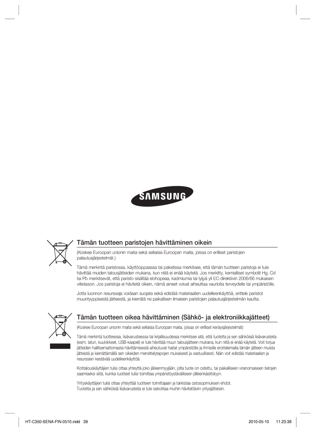 Samsung HT-C350/XEE manual Tämän tuotteen paristojen hävittäminen oikein 