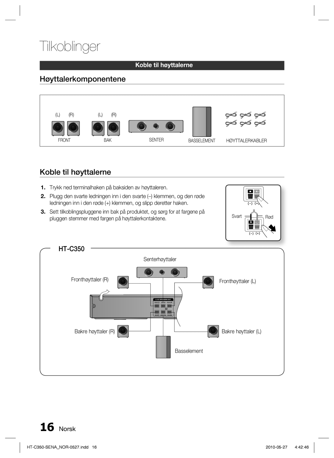 Samsung HT-C350/XEE manual Høyttalerkomponentene, Koble til høyttalerne 