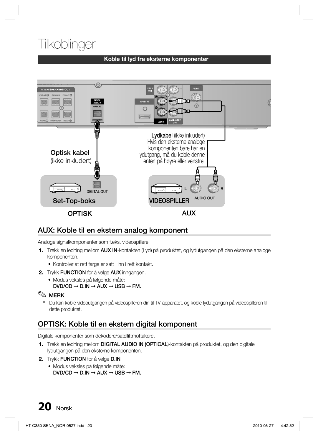 Samsung HT-C350/XEE manual AUX Koble til en ekstern analog komponent, Optisk Koble til en ekstern digital komponent 