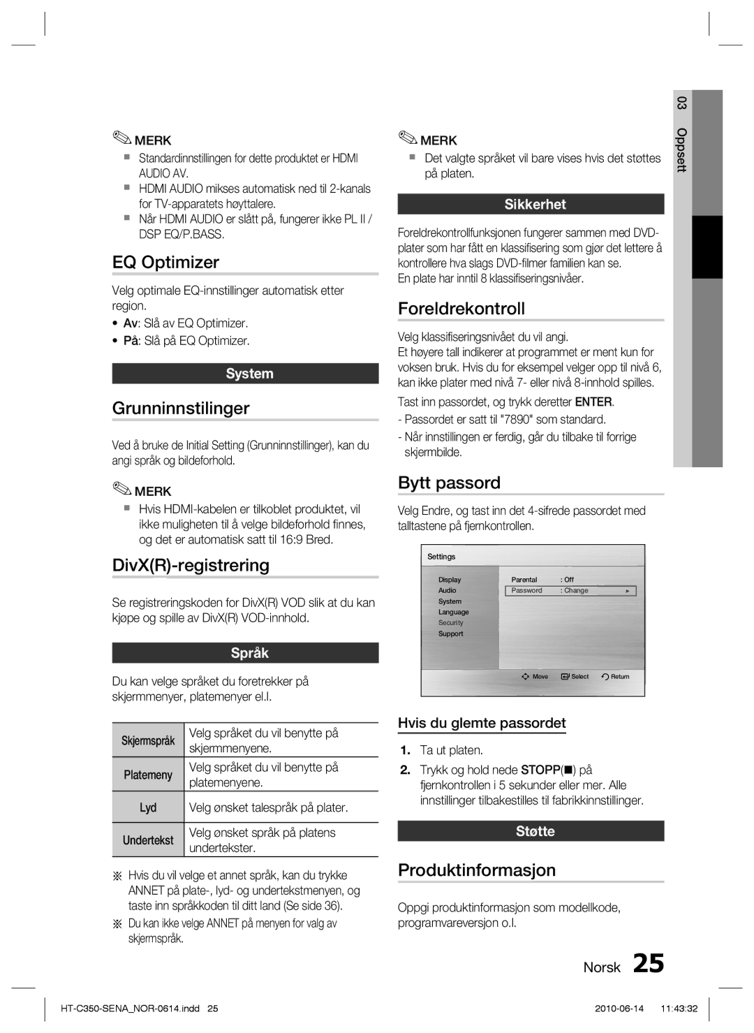 Samsung HT-C350/XEE manual EQ Optimizer, Grunninnstilinger, DivXR-registrering, Foreldrekontroll, Bytt passord 