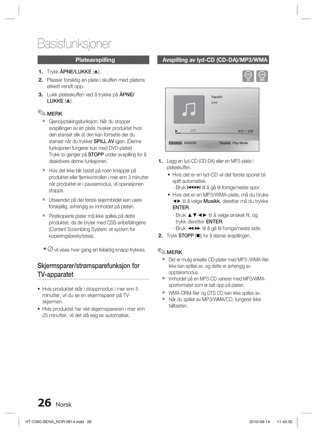 Samsung HT-C350/XEE manual Basisfunksjoner, Skjermsparer/strømsparefunksjon for TV-apparatet, Plateavspilling 