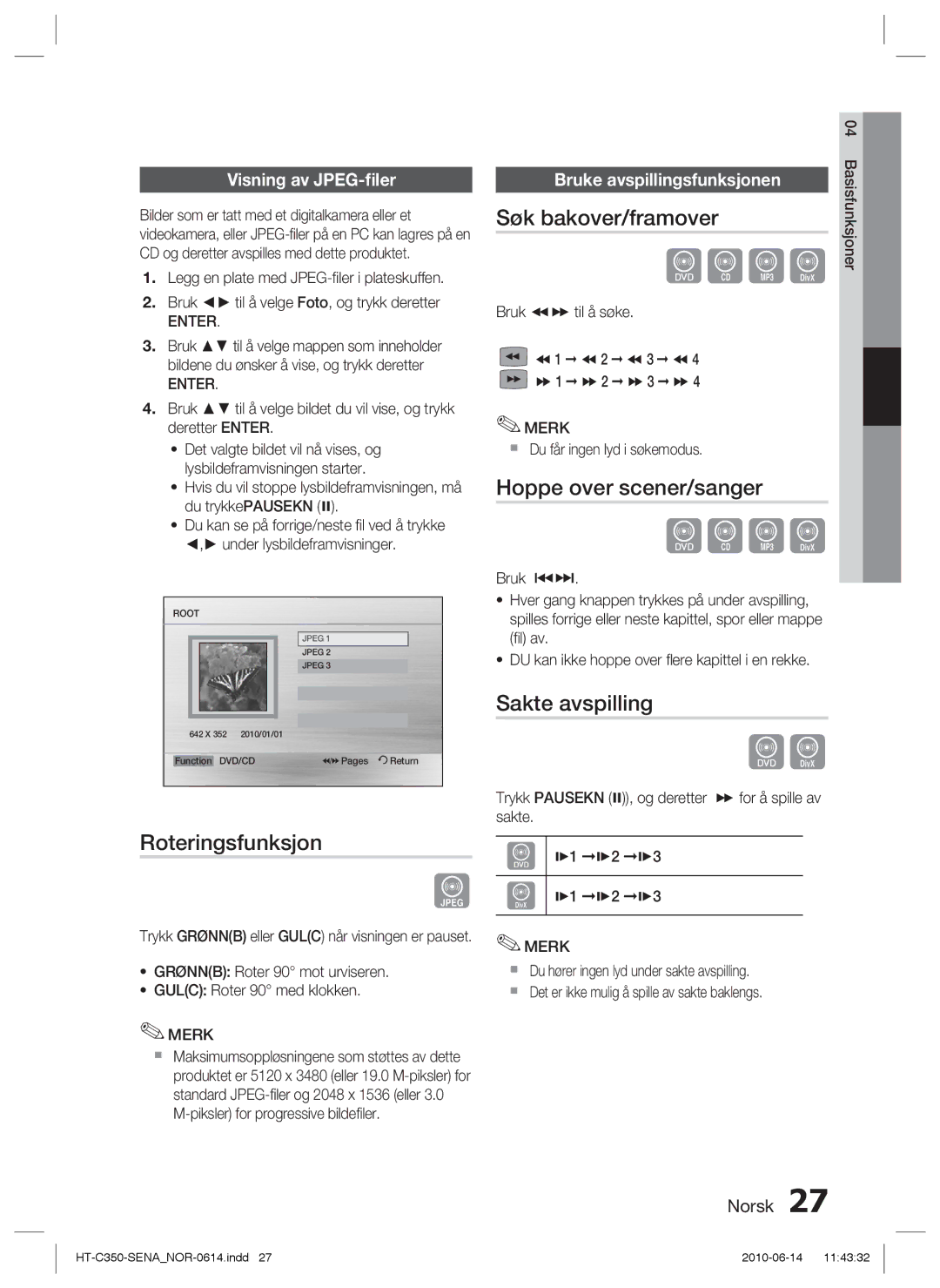 Samsung HT-C350/XEE manual Roteringsfunksjon, Søk bakover/framover, Hoppe over scener/sanger, Sakte avspilling 