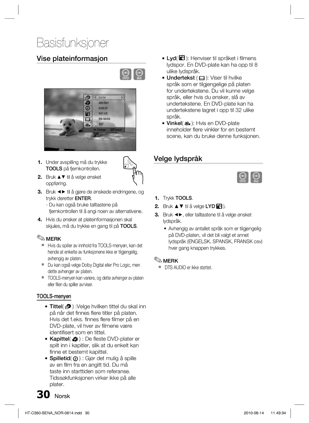 Samsung HT-C350/XEE manual Vise plateinformasjon, Velge lydspråk, TOOLS-menyen,  DTS Audio er ikke støttet 