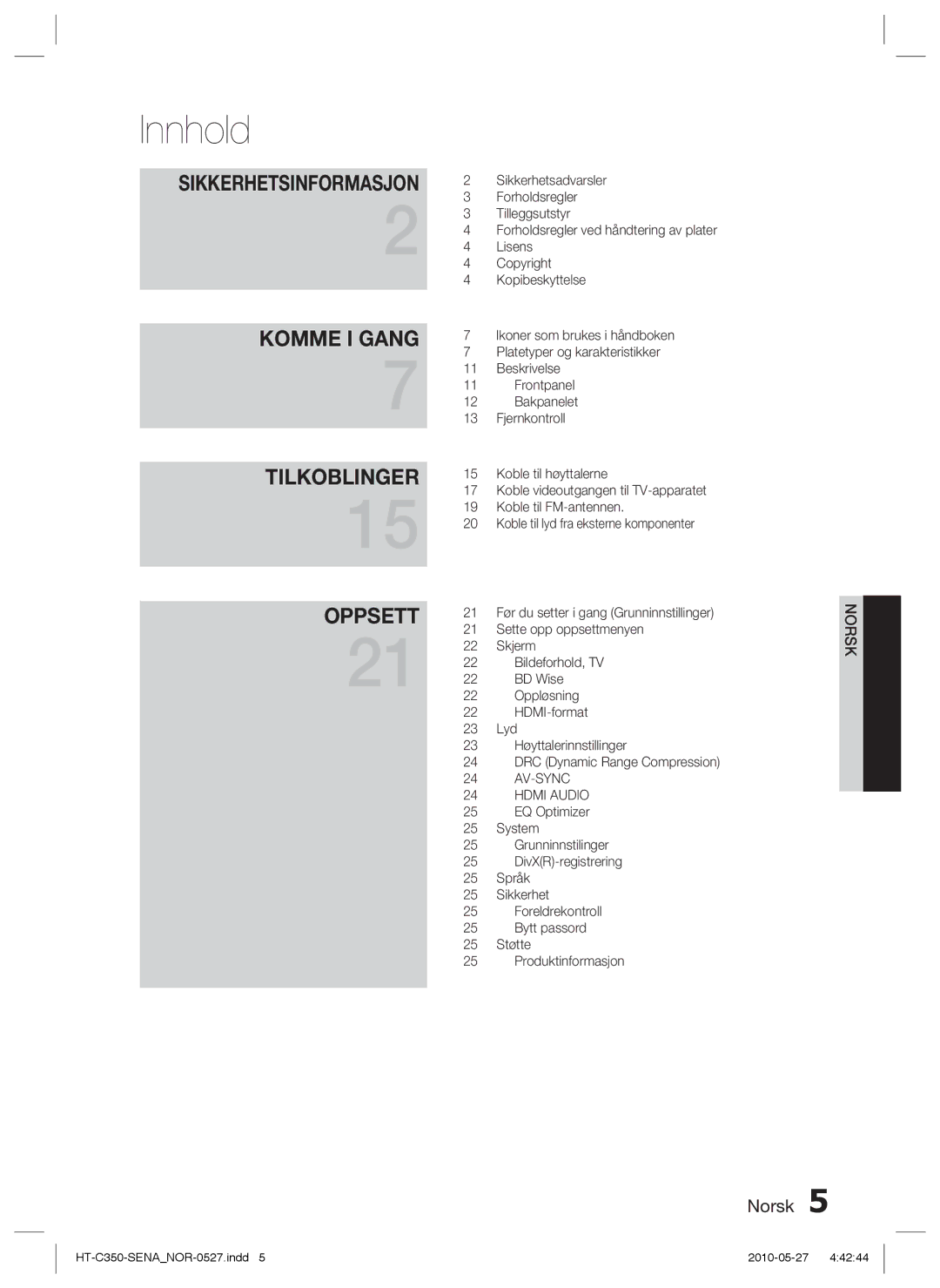 Samsung HT-C350/XEE manual Innhold, Sikkerhetsinformasjon 