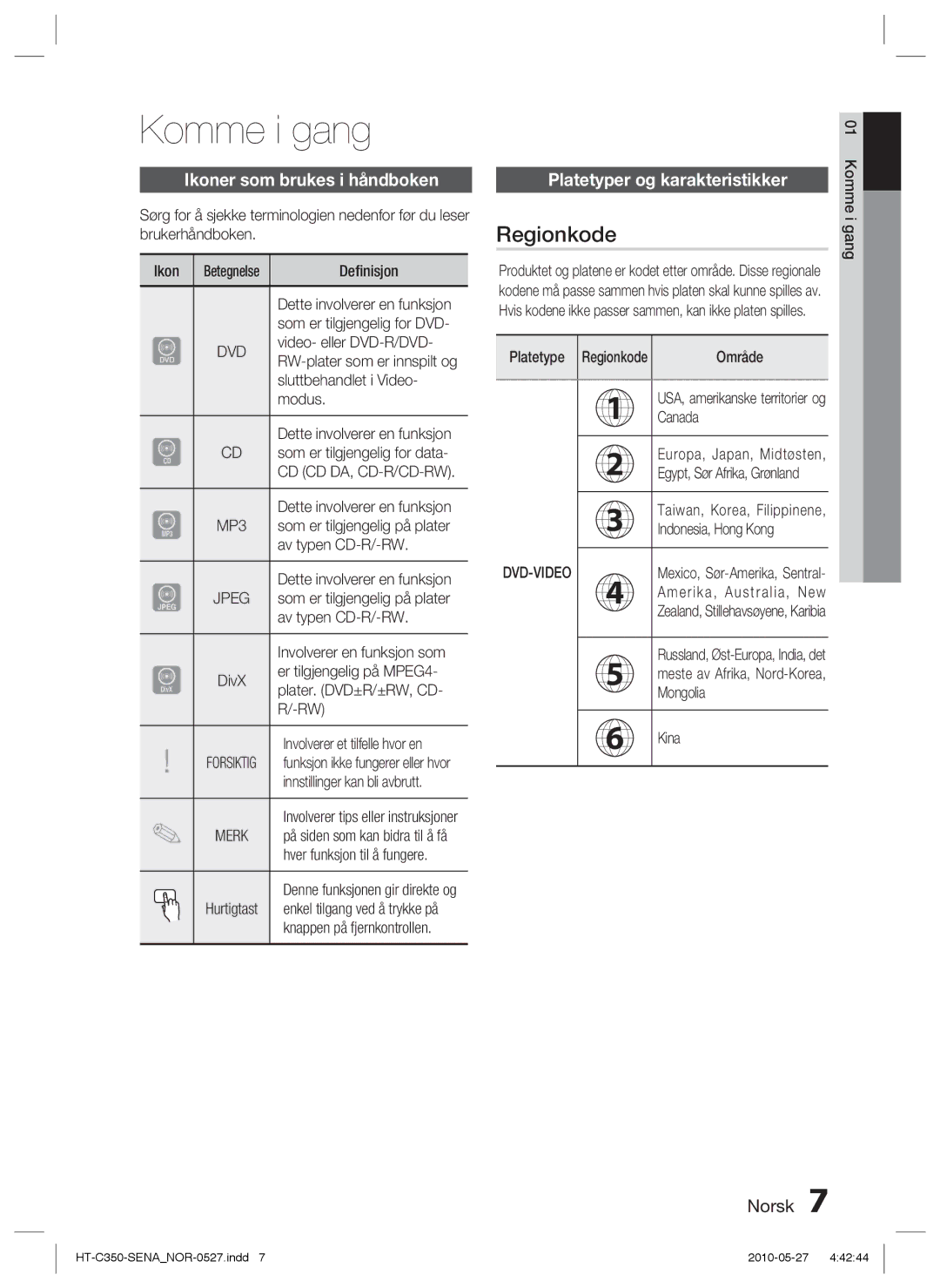 Samsung HT-C350/XEE manual Komme i gang, Regionkode, Ikoner som brukes i håndboken, Platetyper og karakteristikker 