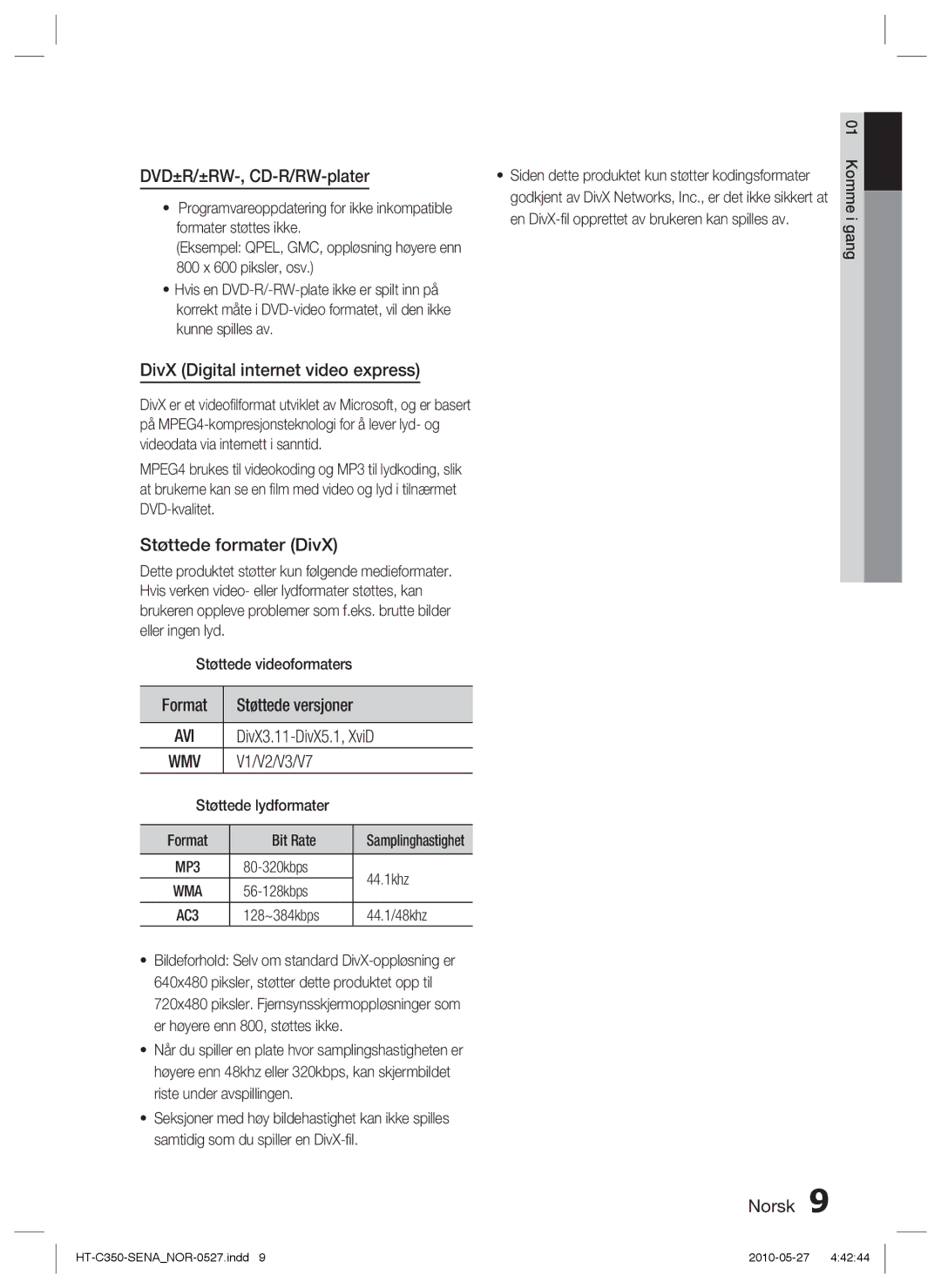 Samsung HT-C350/XEE manual DVD±R/±RW-, CD-R/RW-plater, DivX Digital internet video express, Støttede formater DivX, Format 