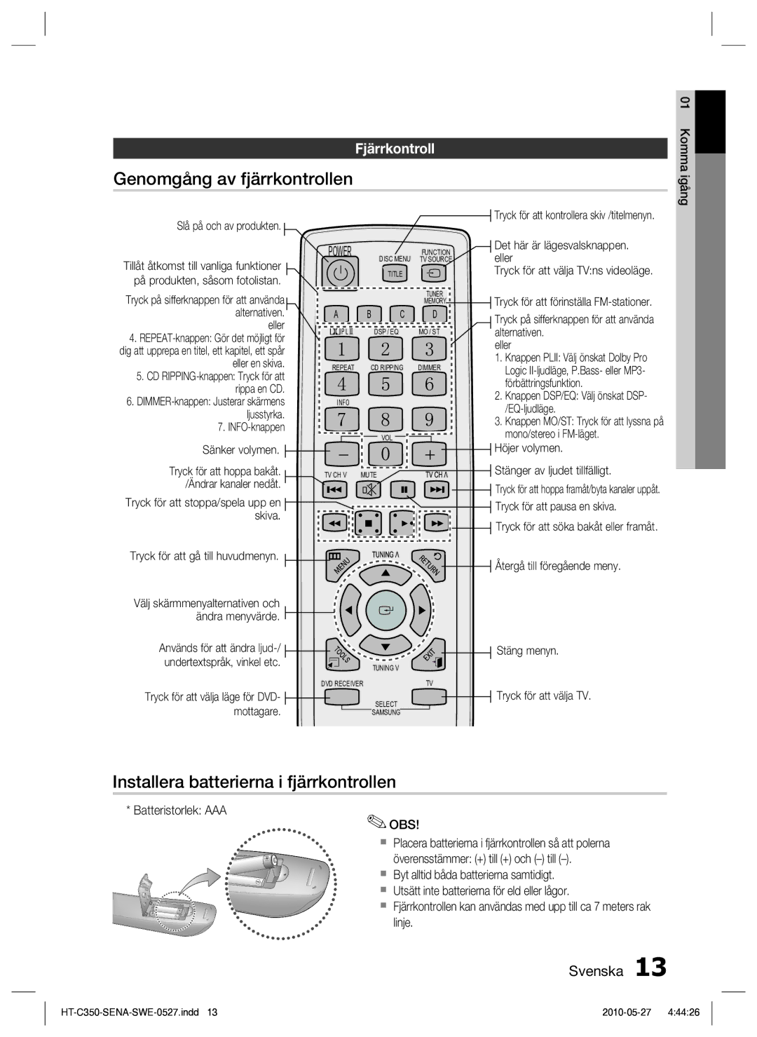 Samsung HT-C350/XEE manual Genomgång av fjärrkontrollen, Installera batterierna i fjärrkontrollen, Fjärrkontroll, Obs 