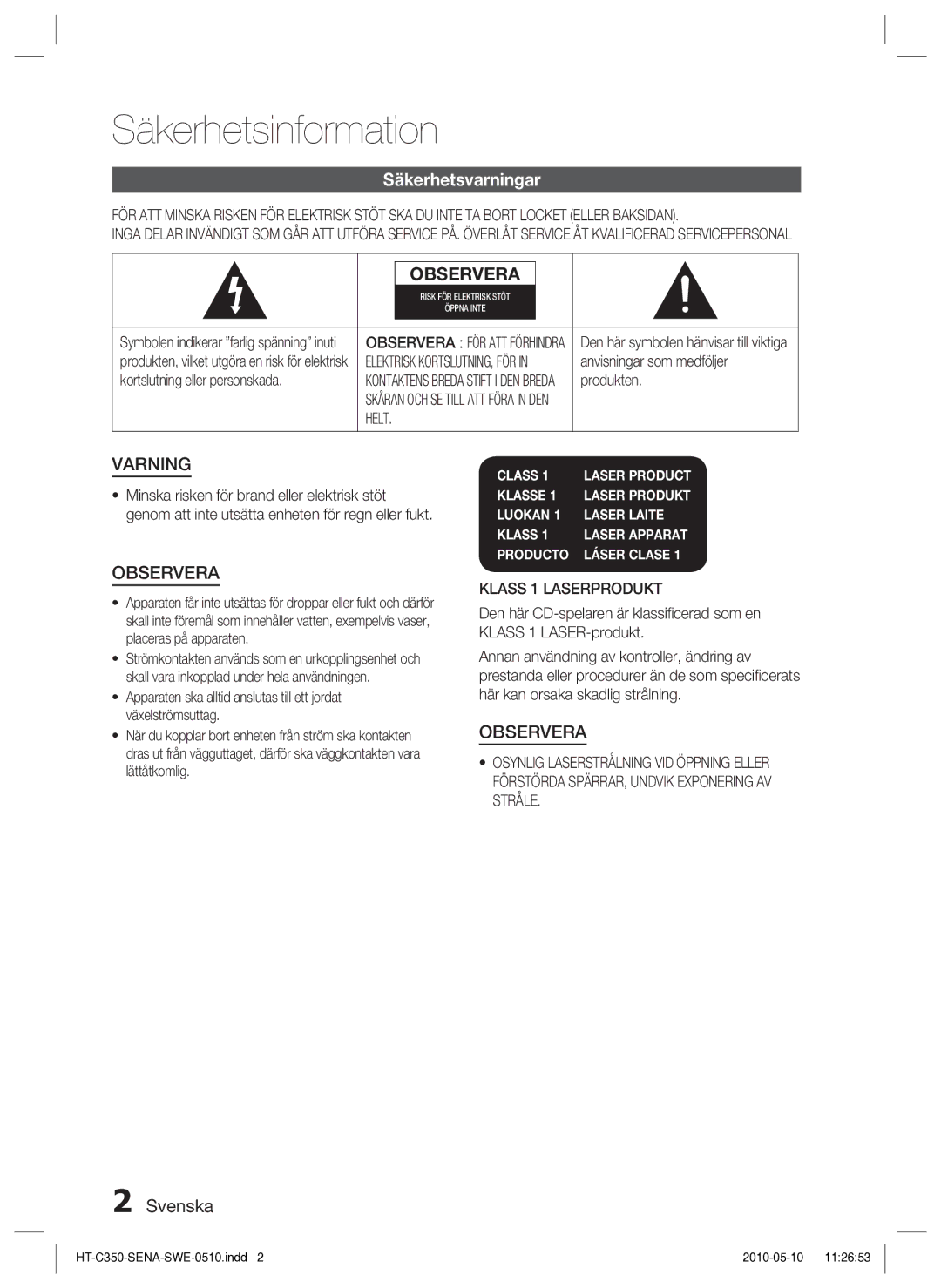 Samsung HT-C350/XEE manual Säkerhetsinformation, Säkerhetsvarningar, Svenska, Helt, Klass 1 Laserprodukt 