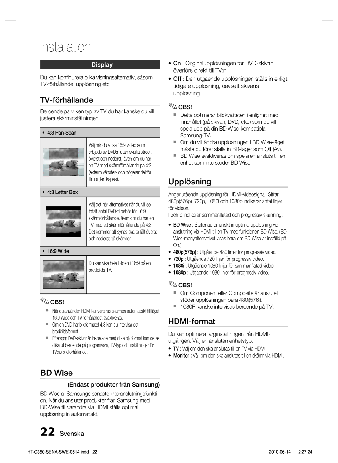 Samsung HT-C350/XEE manual Installation, TV-förhållande, BD Wise, Upplösning, HDMI-format 