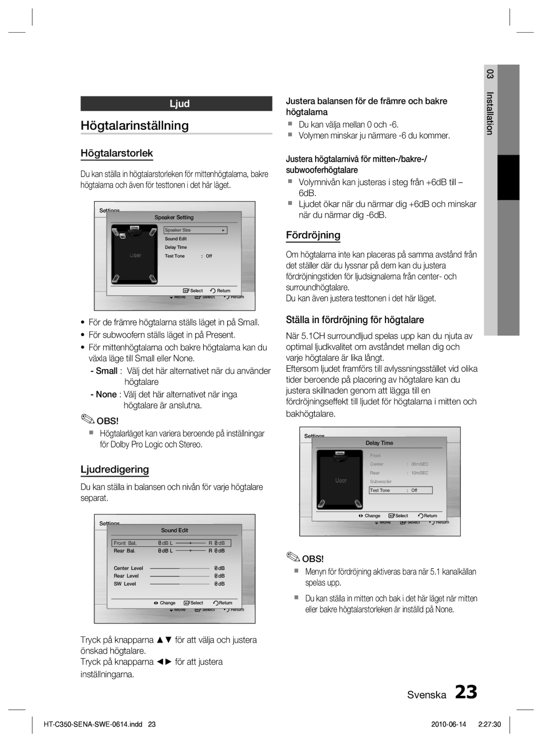 Samsung HT-C350/XEE manual Högtalarinställning, Ljud 