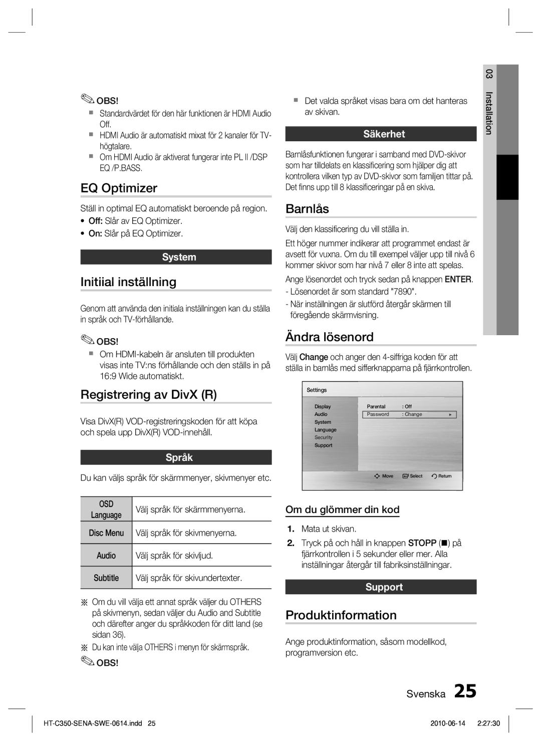 Samsung HT-C350/XEE manual EQ Optimizer, Initiial inställning, Registrering av DivX R, Barnlås, Ändra lösenord 