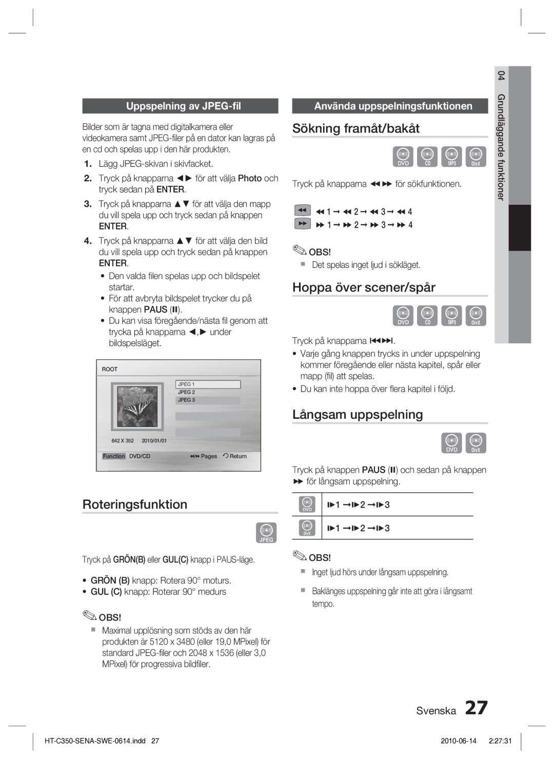 Samsung HT-C350/XEE manual Roteringsfunktion, Sökning framåt/bakåt, Hoppa över scener/spår, Långsam uppspelning 