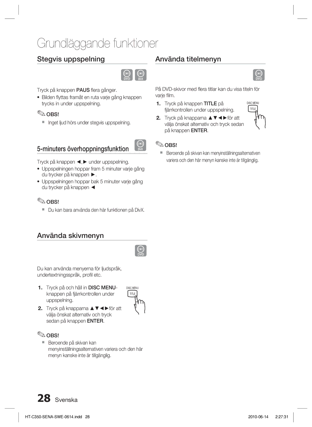 Samsung HT-C350/XEE manual Stegvis uppspelning, Använda titelmenyn, Använda skivmenyn 