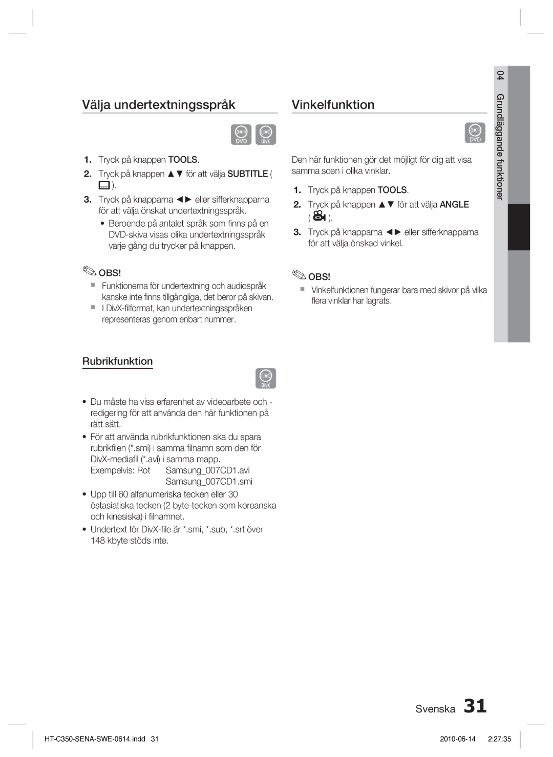 Samsung HT-C350/XEE manual Välja undertextningsspråk, Vinkelfunktion, Rubrikfunktion 