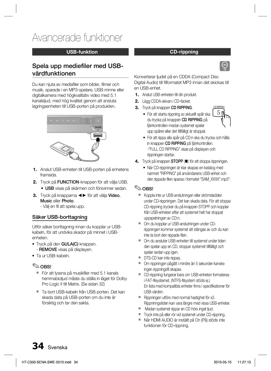 Samsung HT-C350/XEE manual Spela upp medieﬁler med USB- värdfunktionen, USB-funktion, Säker USB-borttagning, CD-rippning 