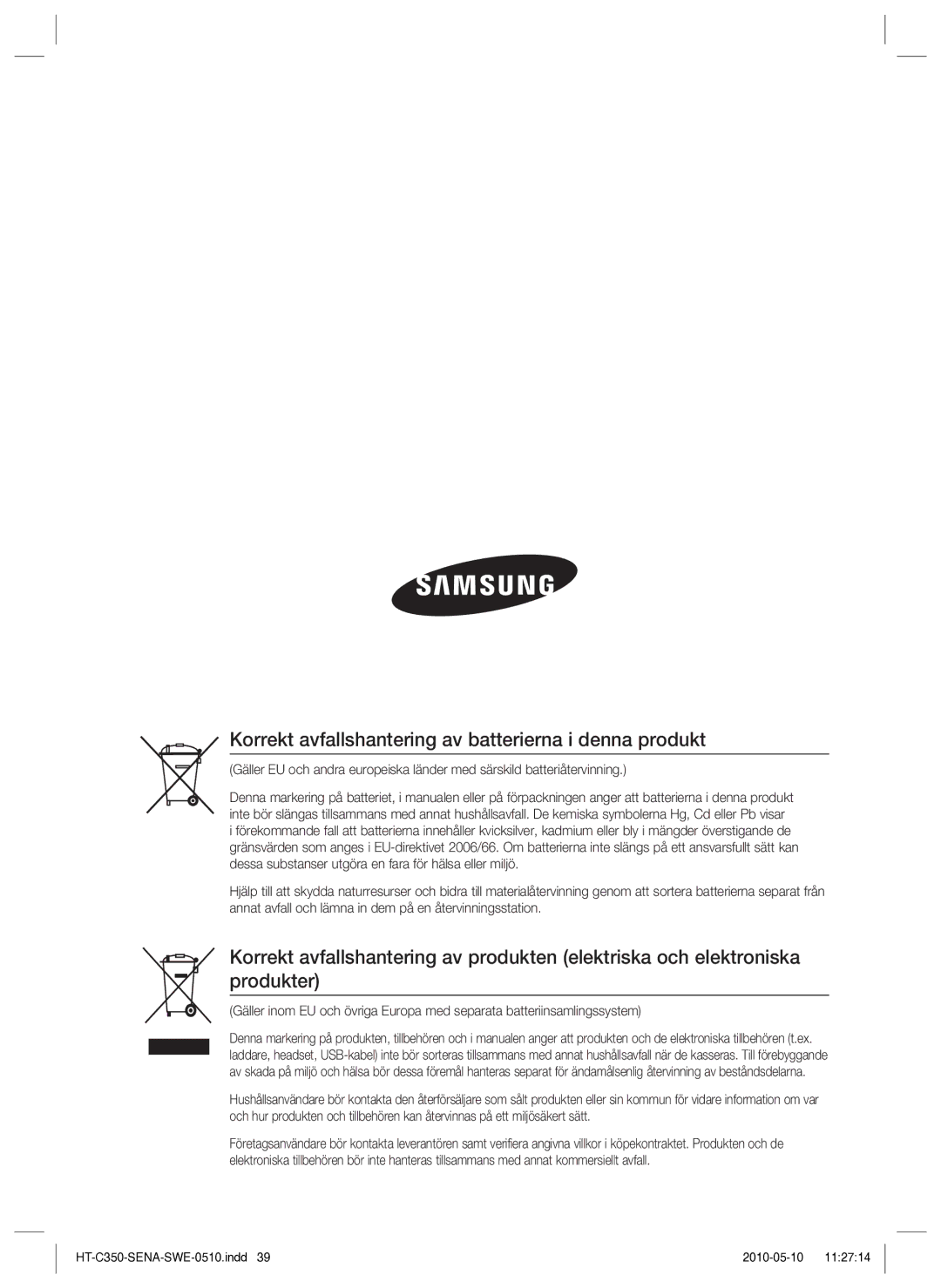 Samsung HT-C350/XEE manual Korrekt avfallshantering av batterierna i denna produkt 