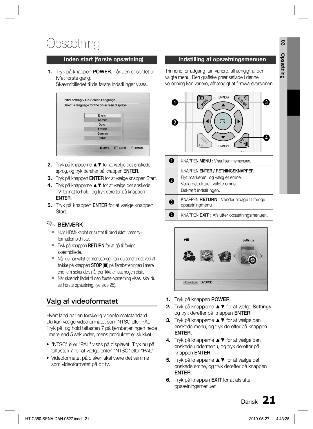 Samsung HT-C350/XEE manual Opsætning, Valg af videoformatet, Inden start første opsætning, Enter 