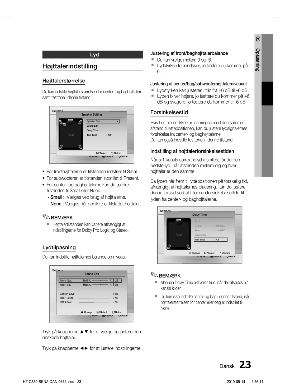 Samsung HT-C350/XEE manual Højttalerindstilling, Lyd 