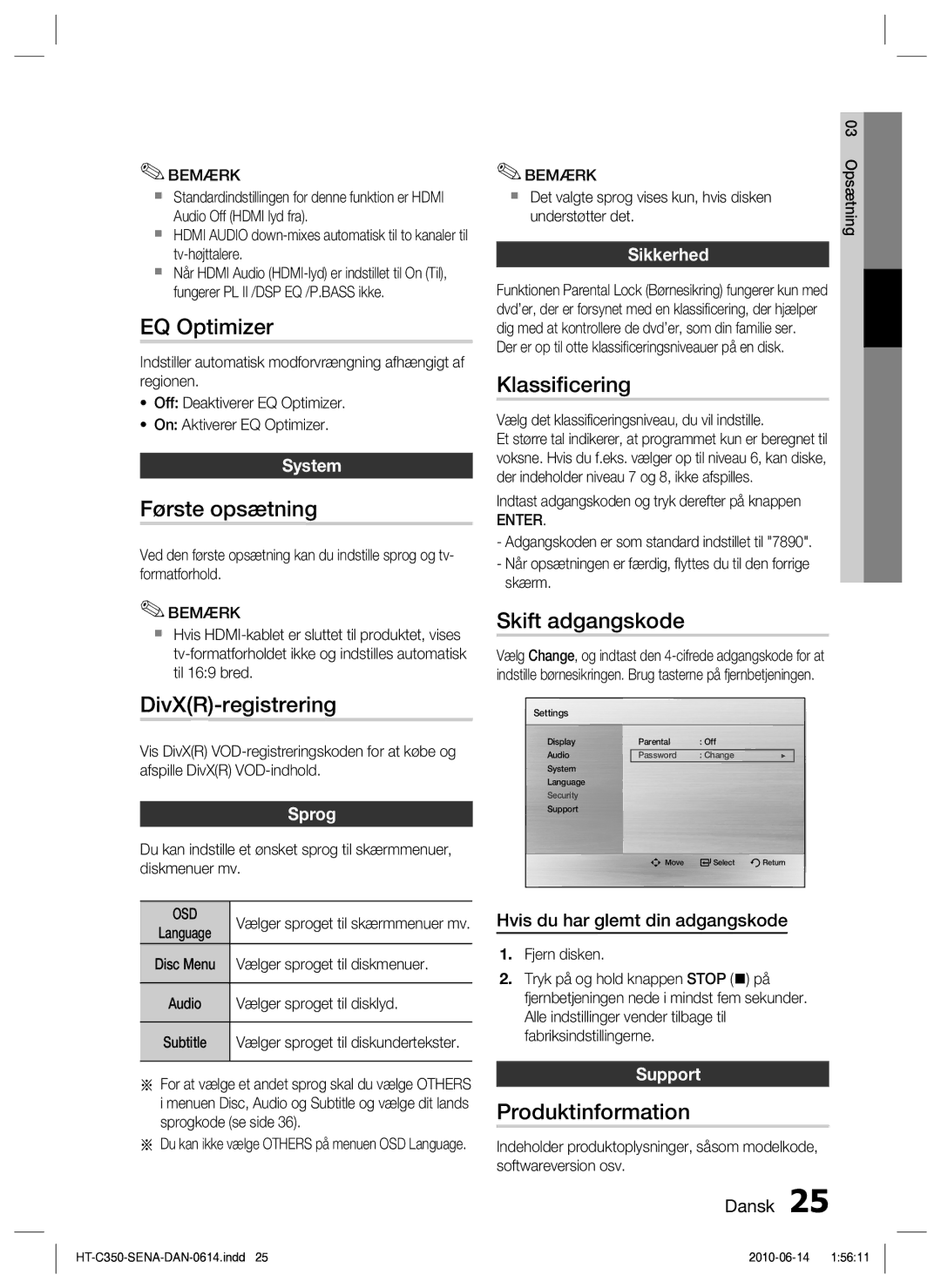 Samsung HT-C350/XEE manual EQ Optimizer, Første opsætning, DivXR-registrering, Klassiﬁcering, Skift adgangskode 