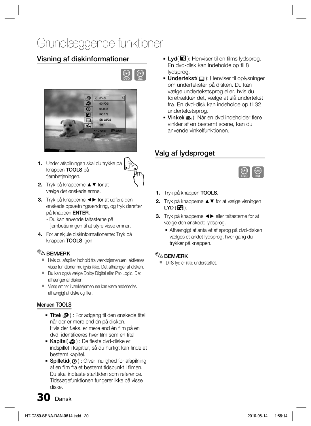 Samsung HT-C350/XEE manual Visning af diskinformationer, Valg af lydsproget, Menuen Tools,  DTS-lyd er ikke understøttet 