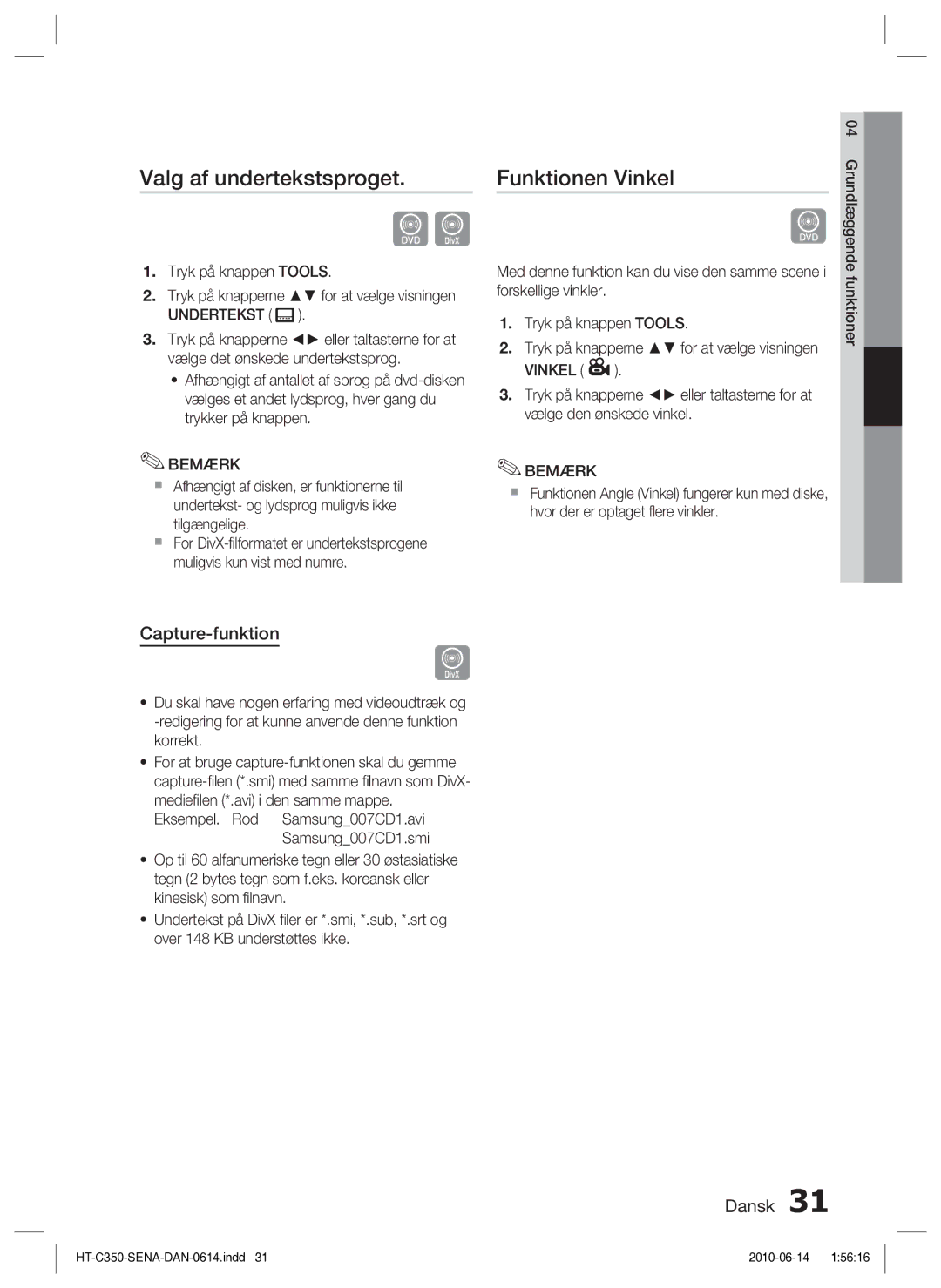 Samsung HT-C350/XEE manual Valg af undertekstsproget, Funktionen Vinkel, Capture-funktion, Undertekst 