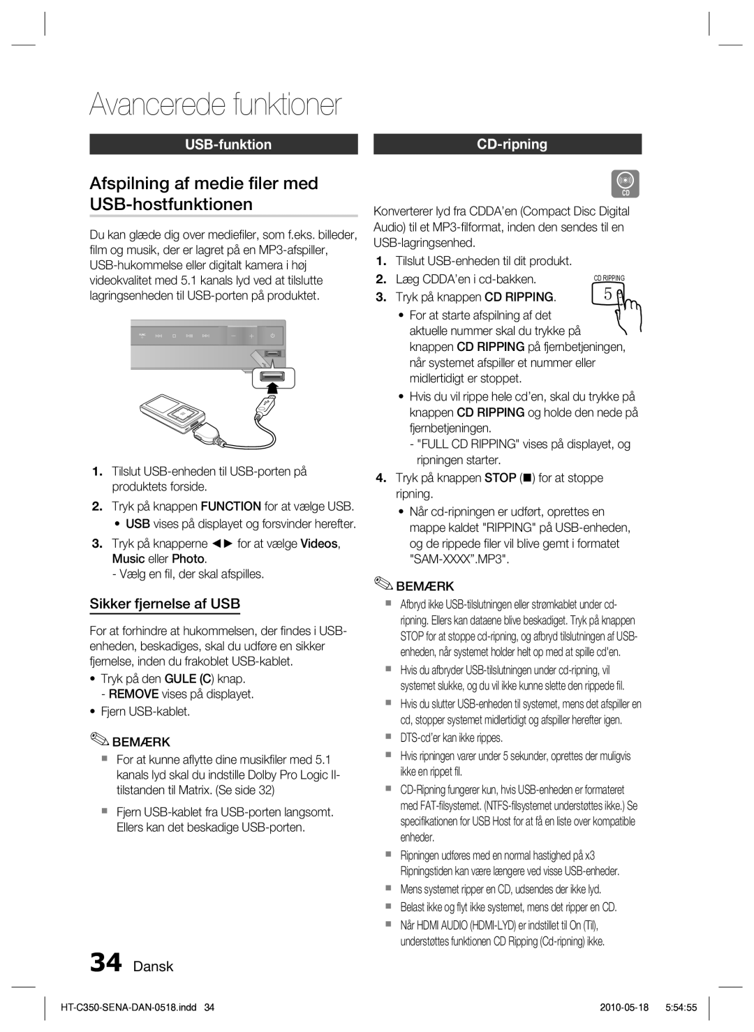 Samsung HT-C350/XEE Afspilning af medie ﬁler med USB-hostfunktionen, USB-funktion, Sikker fjernelse af USB, CD-ripning 