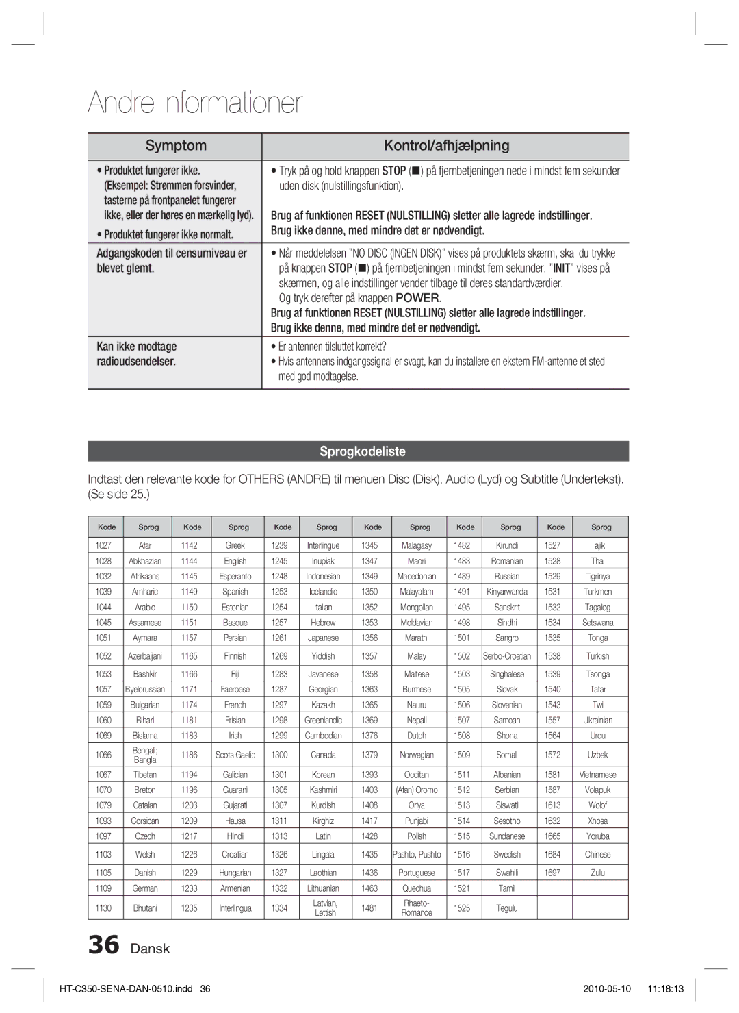 Samsung HT-C350/XEE manual Sprogkodeliste 