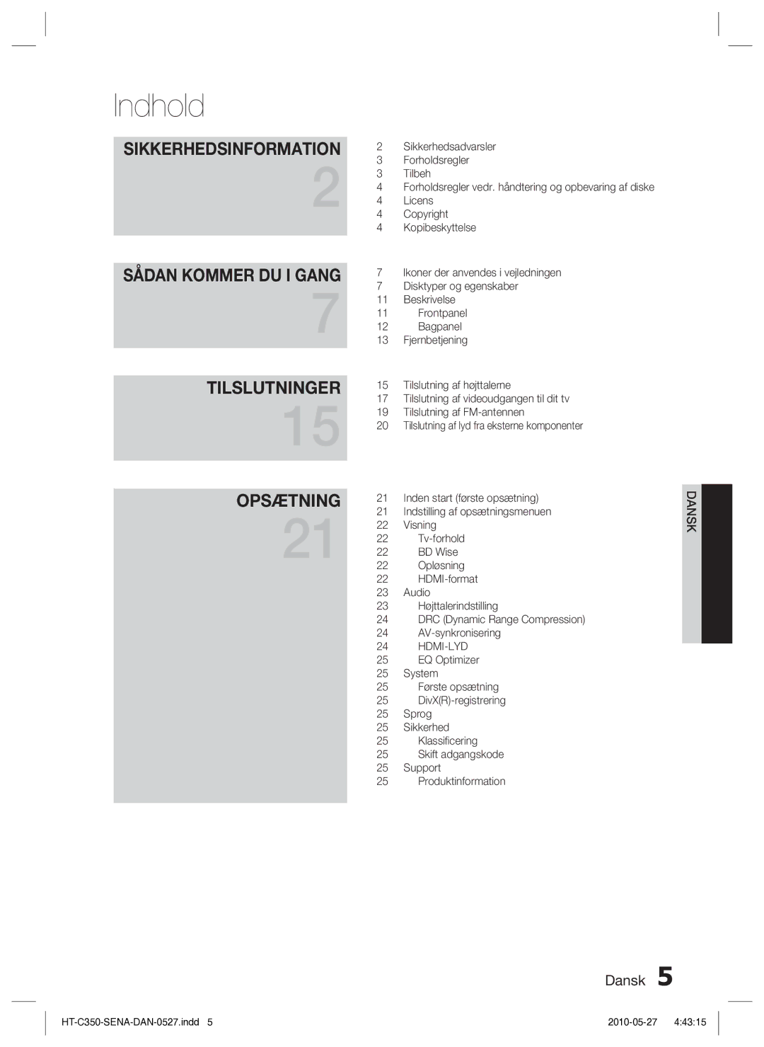 Samsung HT-C350/XEE manual Indhold, Sikkerhedsinformation 