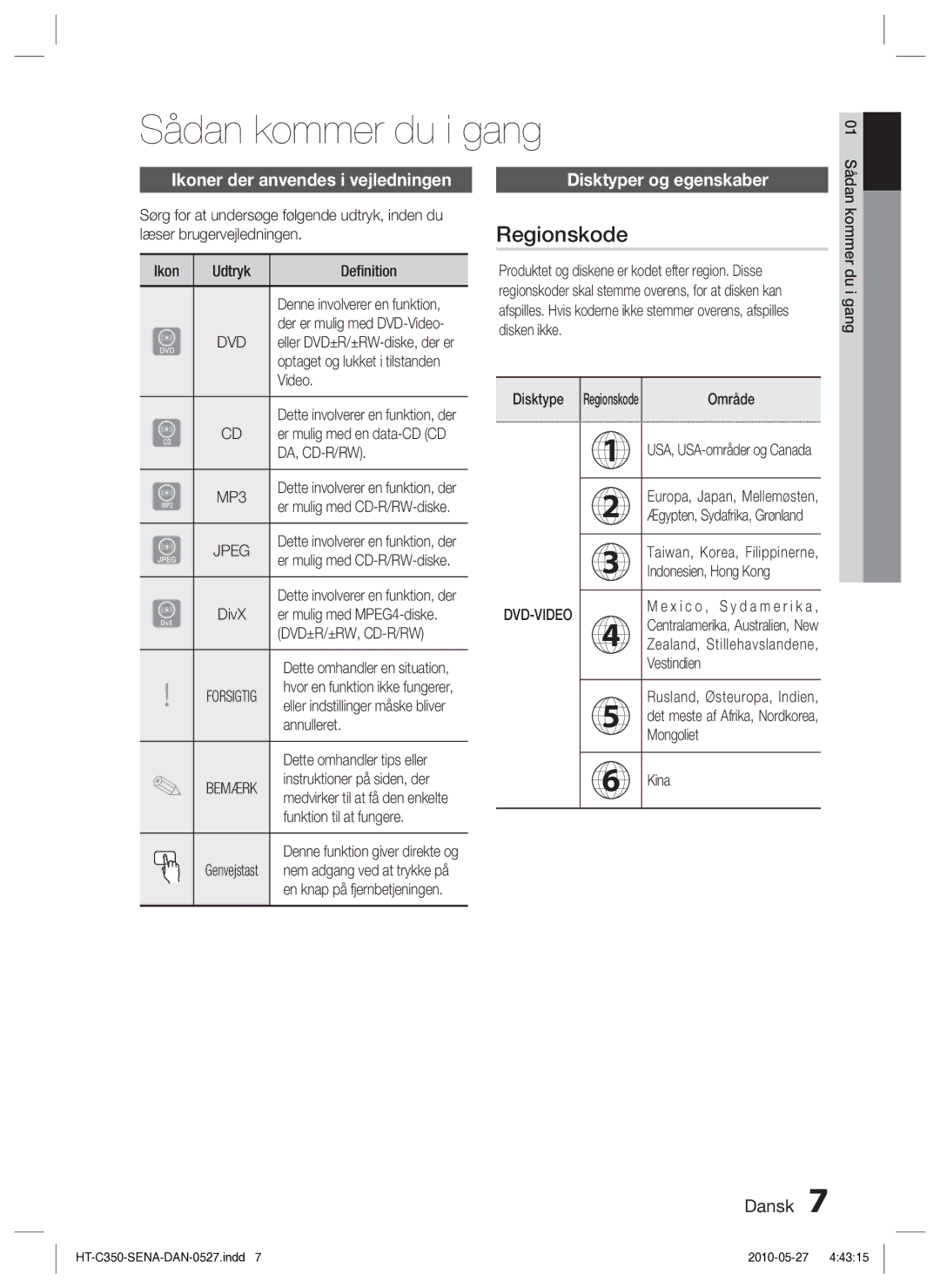 Samsung HT-C350/XEE manual Sådan kommer du i gang, Regionskode, Ikoner der anvendes i vejledningen, Disktyper og egenskaber 