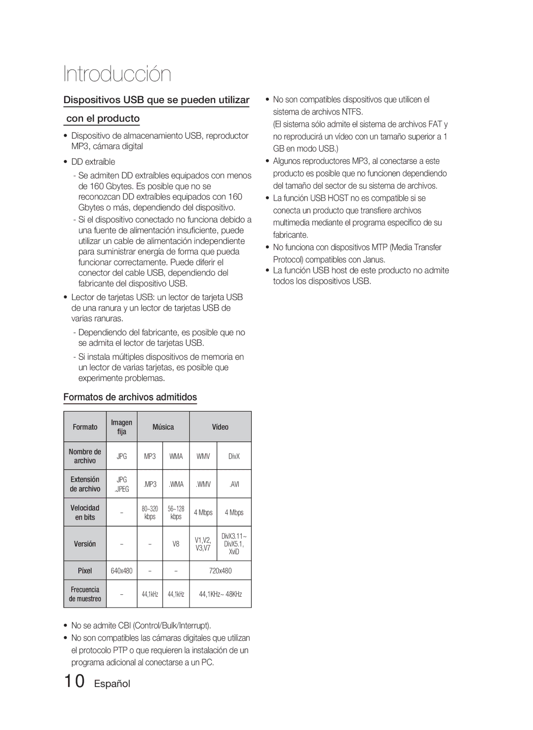 Samsung HT-C350/XEF manual Dispositivos USB que se pueden utilizar Con el producto, Formatos de archivos admitidos, Kbps 