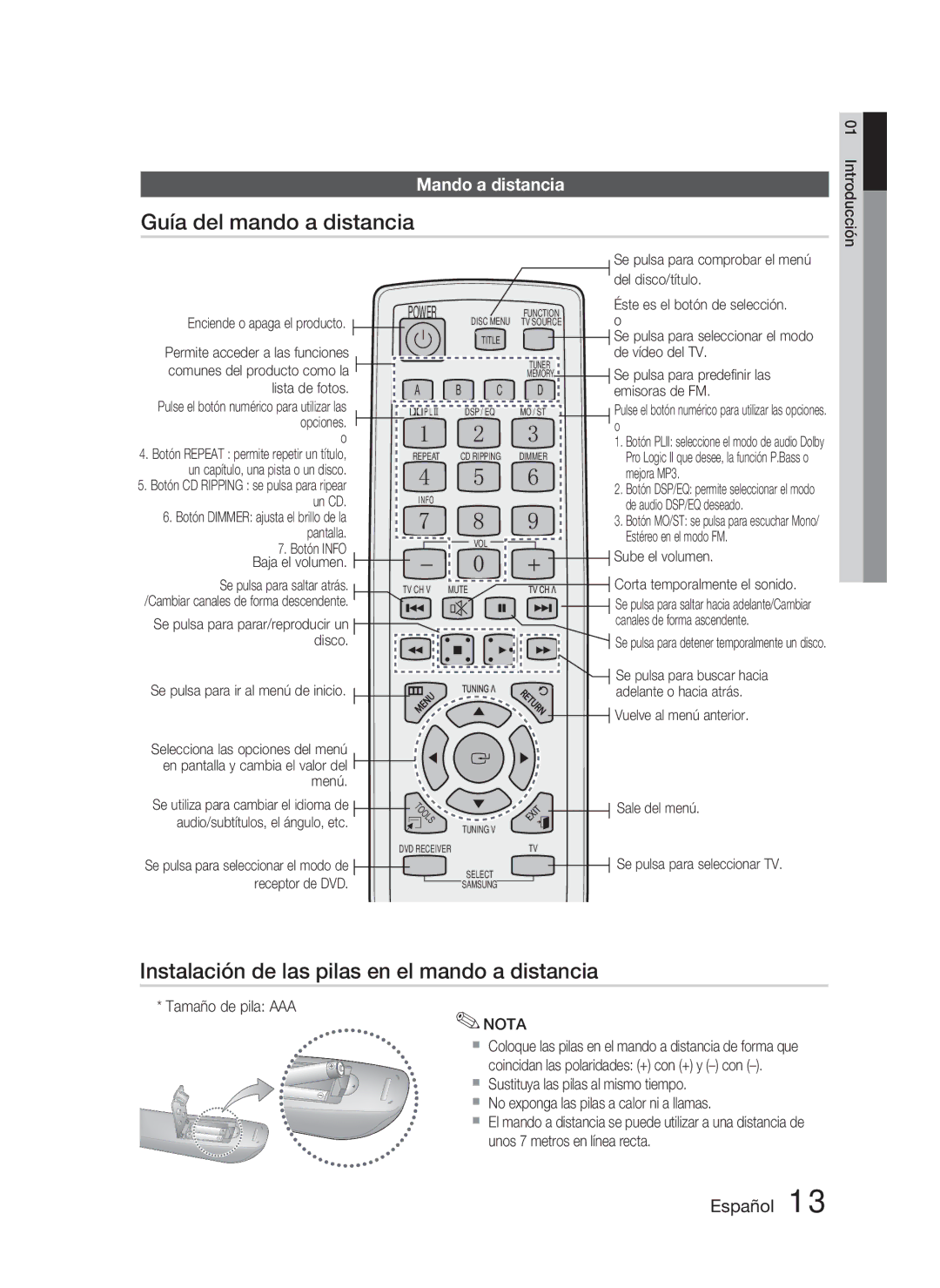 Samsung HT-C350/MEA manual Guía del mando a distancia, Instalación de las pilas en el mando a distancia, Mando a distancia 