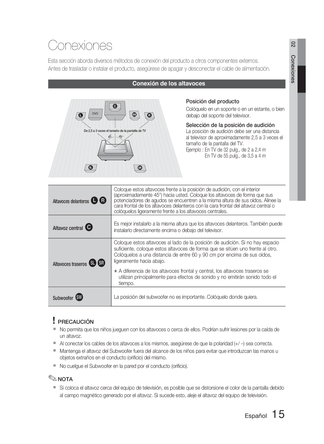 Samsung HT-C350/MEA, HT-C350/XEF manual Conexiones, Conexión de los altavoces, Precaución 