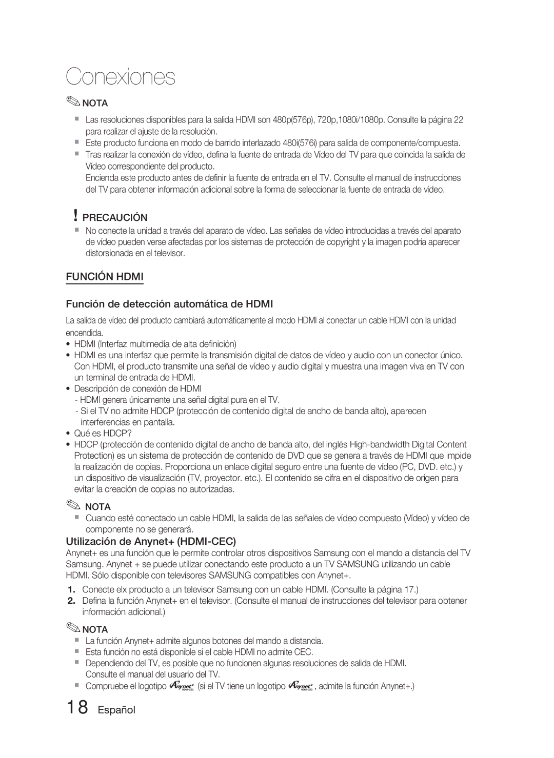 Samsung HT-C350/XEF, HT-C350/MEA manual Función de detección automática de Hdmi, Utilización de Anynet+ HDMI-CEC 