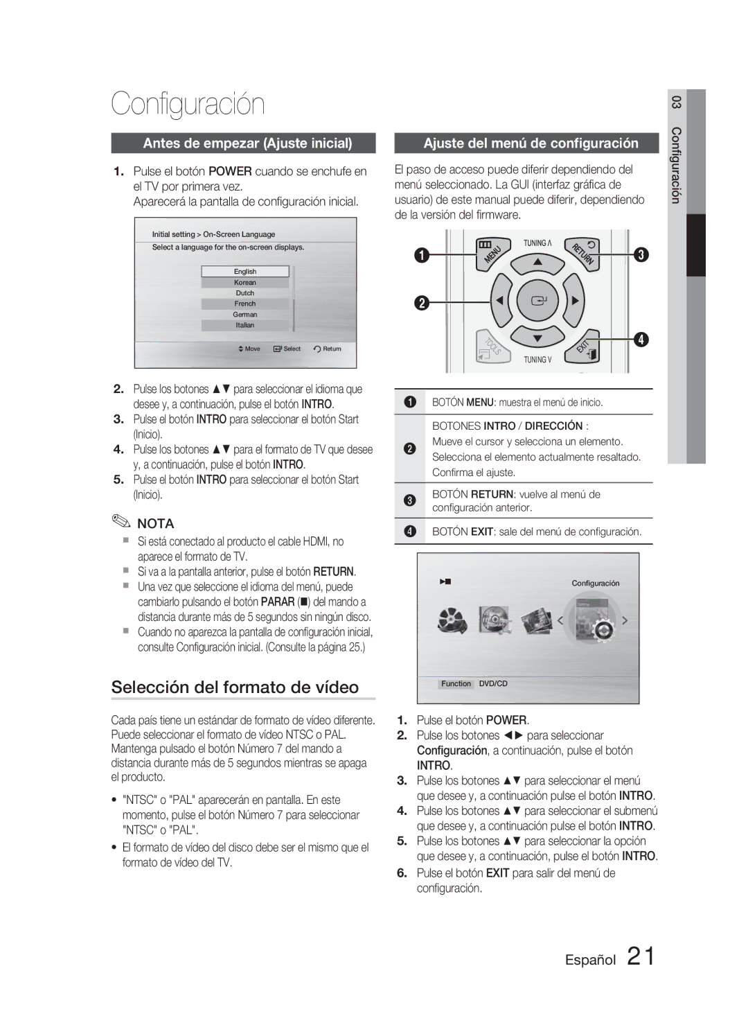 Samsung HT-C350/MEA, HT-C350/XEF manual Conﬁguración, Selección del formato de vídeo, Antes de empezar Ajuste inicial, Intro 