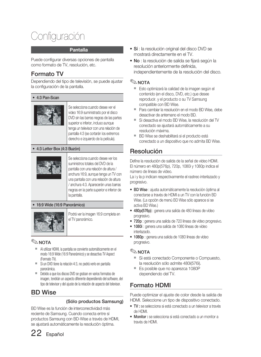 Samsung HT-C350/XEF, HT-C350/MEA manual Formato TV, BD Wise, Resolución, Formato Hdmi, Pantalla 