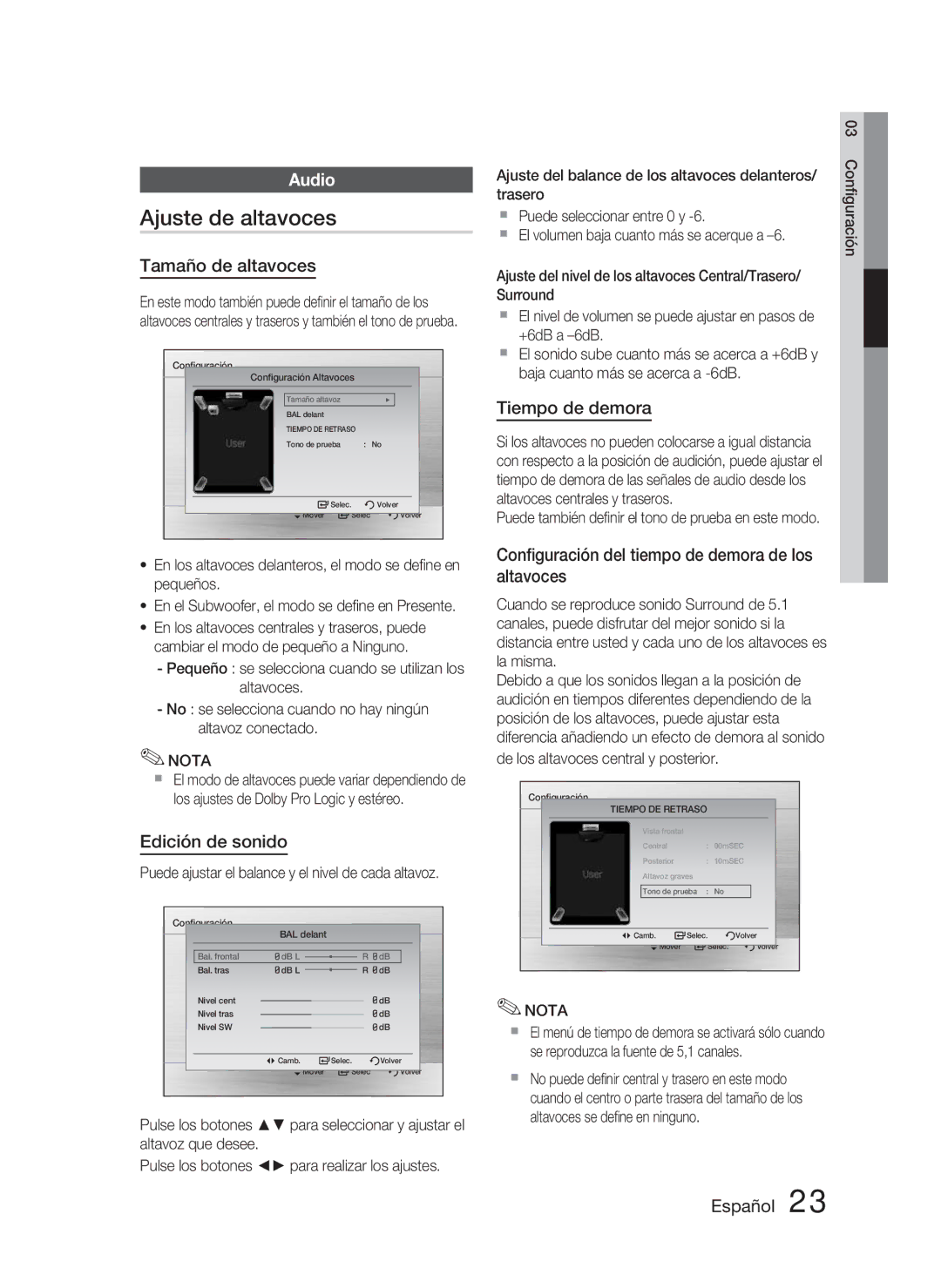 Samsung HT-C350/MEA, HT-C350/XEF manual Ajuste de altavoces, Audio 