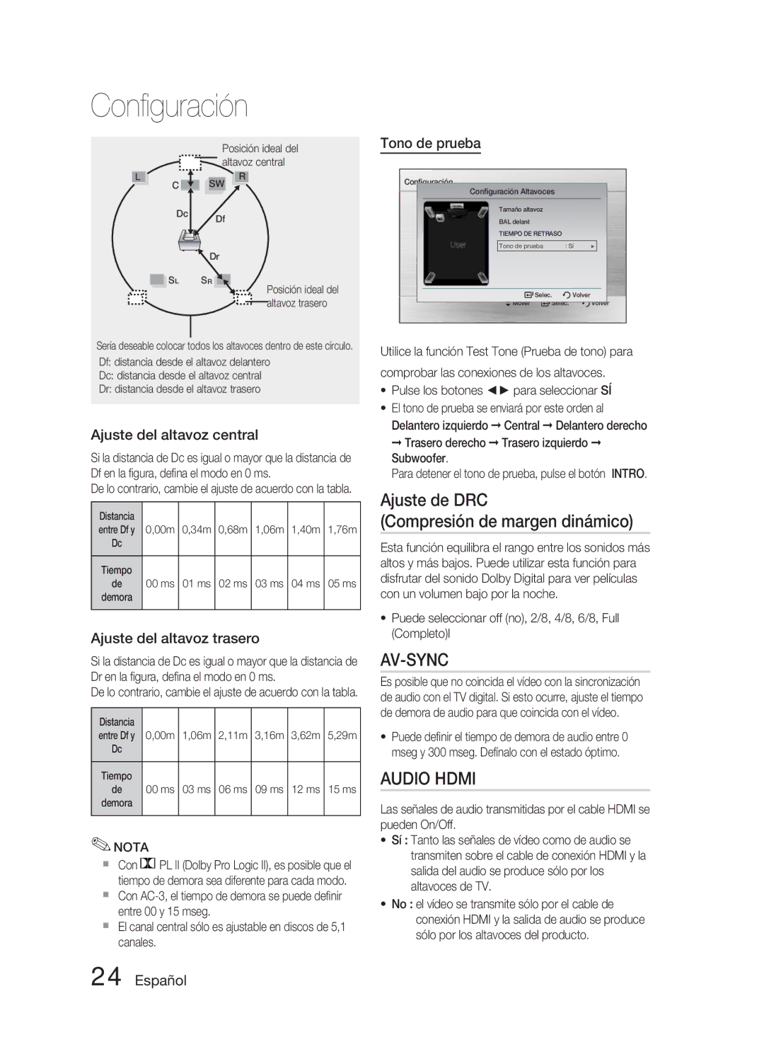 Samsung HT-C350/XEF, HT-C350/MEA Ajuste de DRC Compresión de margen dinámico, Tono de prueba, Ajuste del altavoz central 