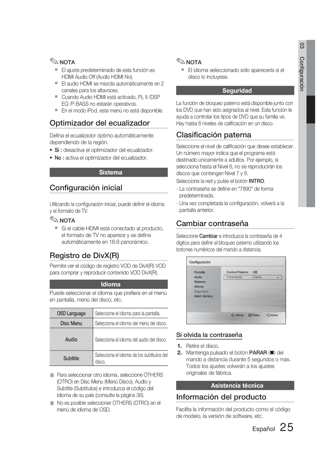 Samsung HT-C350/MEA manual Optimizador del ecualizador, Conﬁguración inicial, Registro de DivXR, Clasiﬁcación paterna 