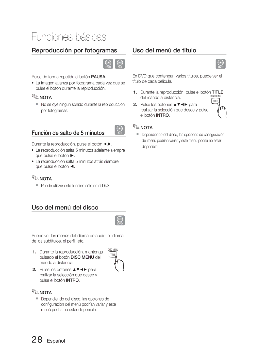 Samsung HT-C350/XEF, HT-C350/MEA manual Reproducción por fotogramas, Función de salto de 5 minutos, Uso del menú del disco 