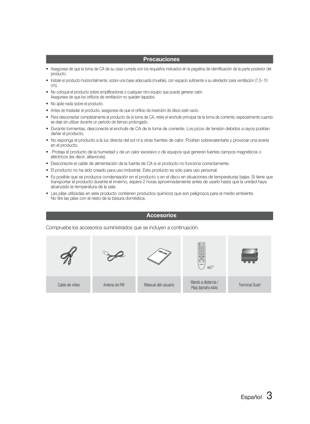 Samsung HT-C350/MEA, HT-C350/XEF Precauciones, Accesorios, Cable de vídeo Antena de FM Manual del usuario, Terminal Scart 