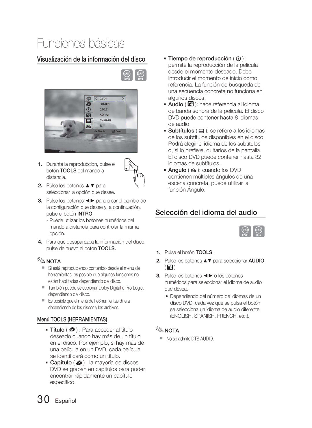 Samsung HT-C350/XEF Selección del idioma del audio, Visualización de la información del disco, Menú Tools Herramientas 